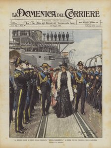 La reine mère à bord du cuirassé Regina Margherita à La Spezia, pour la remise du drapeau