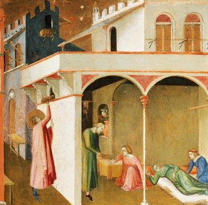Saint Nicolas offrant la dot à trois pauvres filles, (détail) des miracles de Saint Nicolas de Bari par Ambrogio Lorenzetti