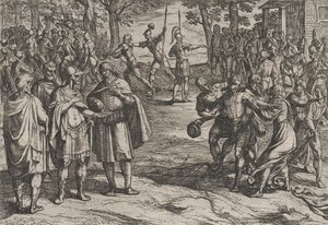 Planche 2 : Les Romains prenant des vieux Hollandais en otages et séduisant les jeunes, de La Guerre..., 1611