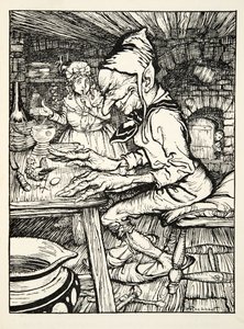 Pond ! rugit le géant et alors la poule pondit immédiatement un œuf en or massif, de The Arthur Rackham Fairy Book, pub. 1933