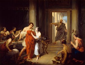 Le philosophe grec Socrate (470-399 av. J.-C.) découvre le jeune Alcibiade (450-404 av. J.-C.) avec une hétaire (prostituée grecque)