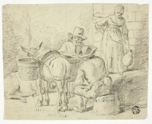 Hommes et ânes, femme à la cruche