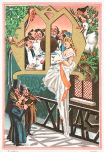 Dame étant sérénadée par des musiciens, Carte de Noël