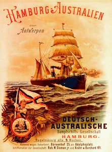 Hambourg - Australie, affiche publicitaire pour la German Australian Steamship Company, 1889
