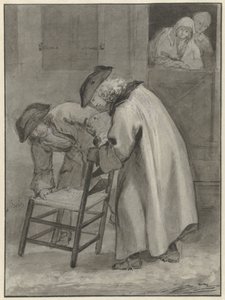 Deux hommes avec chapeau regardant une chaise en paille