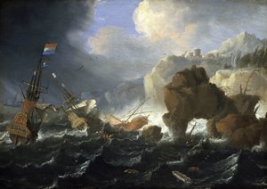 Un navire hollandais et un galion échoués sur une côte rocheuse dans la tempête. Huile sur bois, par Jan Peeters (1624-1677).