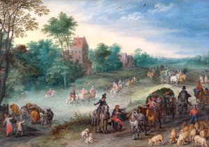 Voyageurs sur une route de campagne, avec du bétail et des cochons