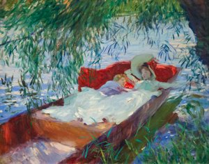Dame et enfant endormis dans une barque sous le saule