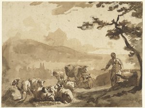 Paysage de montagne avec des bergers et leurs troupeaux de moutons et de vaches