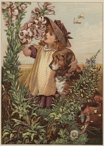 Fille avec un chien sentant des fleurs