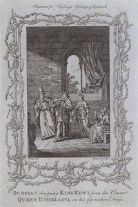 Dunstan traînant le roi Edwy loin de sa consort, la reine Ethelgiva, le jour de son couronnement (gravure)