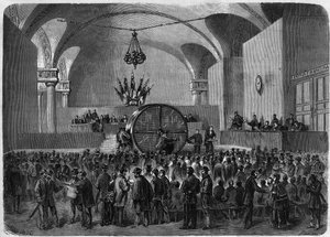 Tirage au sort des obligations à rembourser appartenant aux deux emprunts contractés par la ville de Paris en 1855 et 1866. Hôtel de Ville de Paris, 2 février