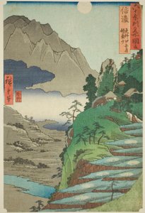 Province de Shinano : La lune reflétée dans les rizières de Sarashina près du mont Kyodai (Shinano, Sarashina tagoto no tsuki, Kyodaisan), de la série "Lieux célèbres des soixante et quelques provinces (Rokujuyoshu meisho zue)"